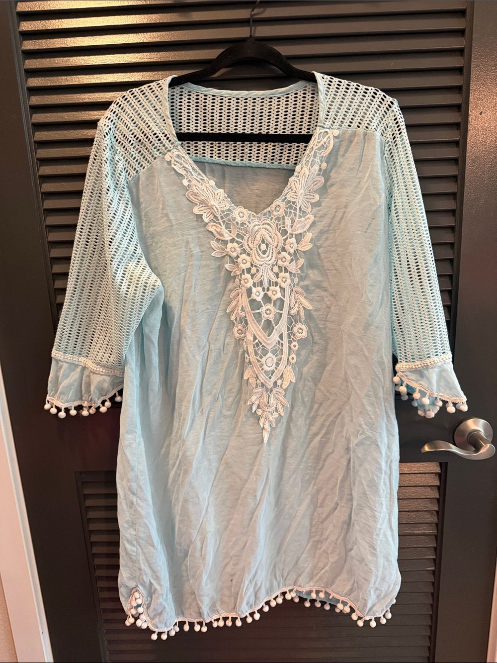 Swimsuit Cover Light Blue Tunic with White Lace Appliqué
